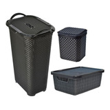 Cesto De Roupa Rattan 50l + Lixeira Cozinha 5l + Caixa 6l