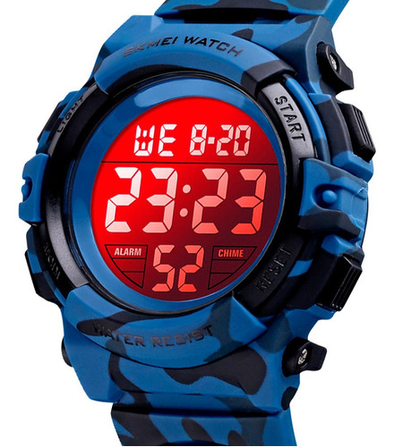 Reloj Niño Skmei 1548 Sumergible Digital Alarma Cronometro Color De La Malla Azul Camuflaje Color Del Fondo Blanco