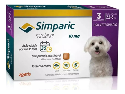 Simparic Medicamento Antipulgas 2,6 A 5kg C/3 Comprimidos