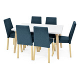 Juego De Comedor Lugo Matiz 6 Puestos - Sillas Viena En Tela Color Azul Diseño De La Tela De Las Sillas Liso