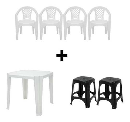 Combo Kit Mesa Quadrada Branca C/ 4 Cadeiras E 2 Banquetas