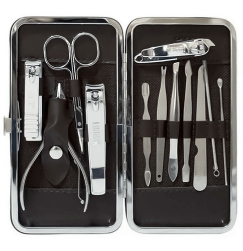 Kit Manicure E Pedicure Profissional 12 Pçs Inox Com Estojo