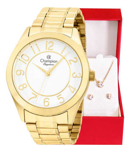 Relógio Champion Feminino Dourado Branco + Colar E Brincos