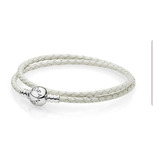 Brazalete Pandora En Cuero Trenzado Doble Color Blanco. 