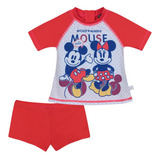 Traje De Baño Bebe Niña Set Uv Uv50+ Disney Minnie Rojo M/co