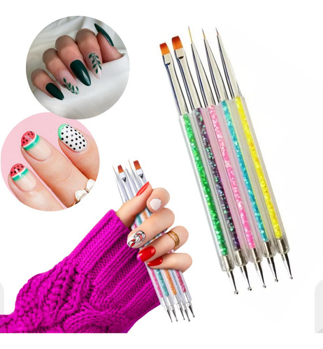 Kit 5 Pincel E Boleador 2 Em 1 Decoração Gel Extenção Unhas