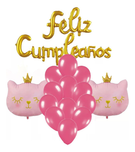 Set Gatito Rosa Globos Y Cartel Feliz Cumpleaños Cursiva