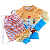 Kit Infantil Moda Praia Piscina Sunga Azul Temático Pirata