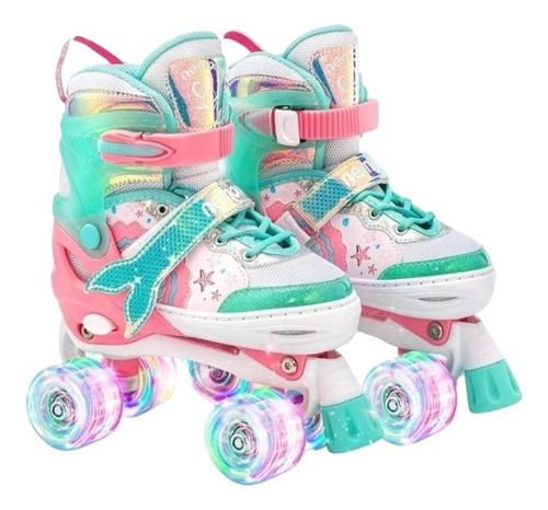 Patins 4 Rodas Rosa Verde Com Luz De Led E Infantil