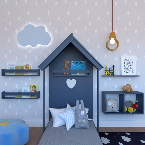 Quarto Infantil Cama Nicho Prateleira E Revisteiros Azul