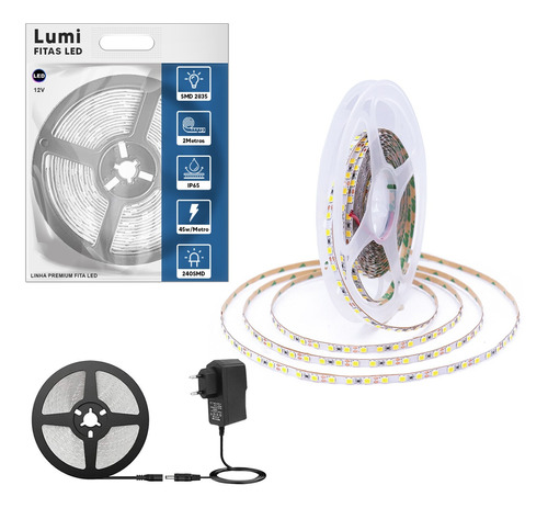 Fita Led Profissional 2mt 240 Smd 2835 12v Ip20 C Fonte Lumi Cor Da Luz Branco-frio 110v/220v