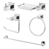 Kit Acessórios Banheiro 5 Peças Aço Inox Quadrado Prata Luxo