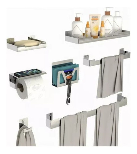 Kit De Acessórios Para Banheiro Inox Com Adesivo 7 Pcs ELG