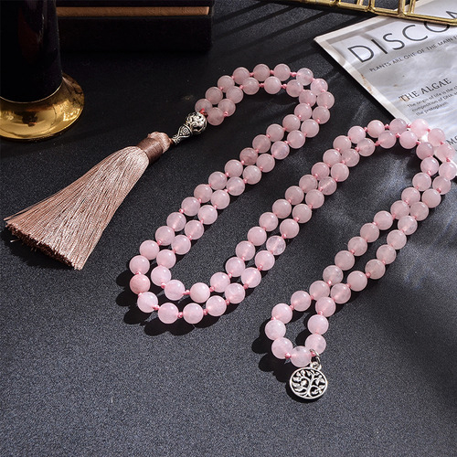 Collar De Meditación 108 Mala Con Cuentas De Cuarzo Rosa Anu