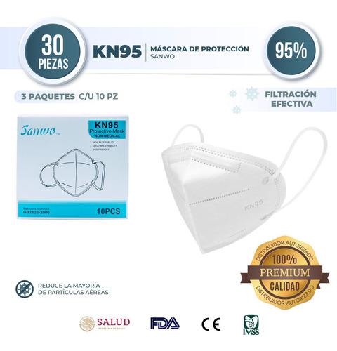 Cubrebocas Kn95 Sanwo Blanco Ajuste Nasal Certificado 30pz