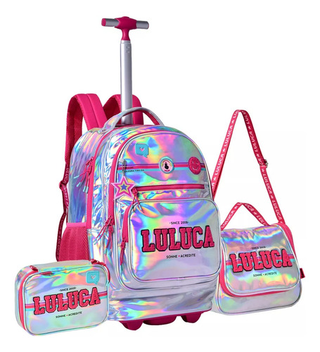 Kit Mochila Escolar Holográfica Luluca Original Rodinhas G 