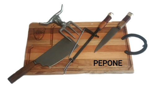 Set Parrilla Asador Tabla River Maderas Duras 45cm Laser 