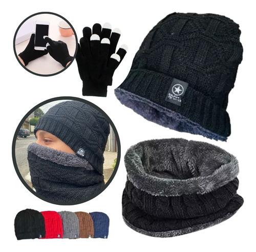 Kit Touca Frio Gorro + Cachecol Echarpe + Luva Touch Celular