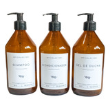 Set Dispenser Vidrio Ambar Shampoo-acondicionador-geldeducha