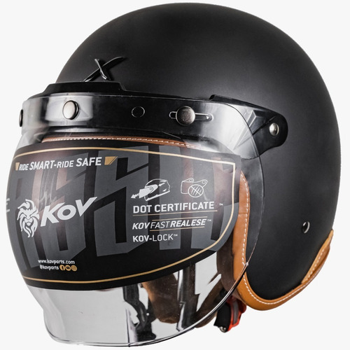 Casco Kov Classic Chopper Negro Abierto Con Mica Burbuja Dot