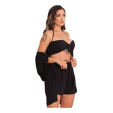 Conjunto Feminino Kimono Short Cropped 3 Peças Moda Verão