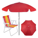 Kit Praia Guarda Sol Vermelho 1,60 M E Cadeira De Praia Alum