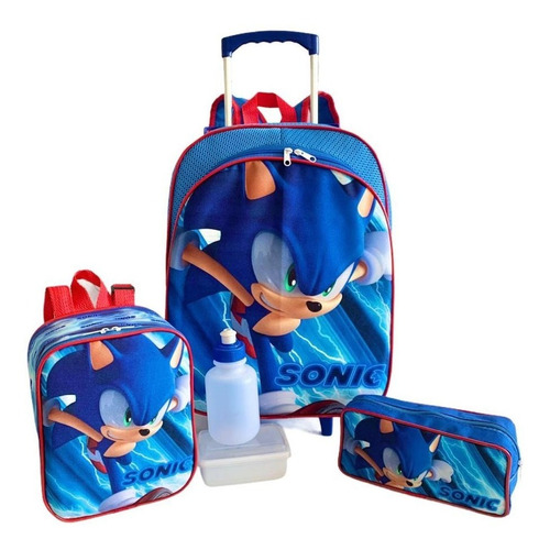 Kit Mochila Infantil Escolar Sonic Rodinhas G F5 Meninos