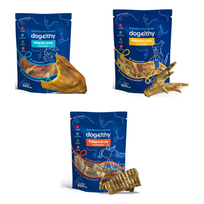 Dogelthy Kit De Premios Deshidratados: Orejas Cerdo + Patas Pollo + Tráquea Res Para Perros Medianos, Grandes, Adultos | Envío gratis