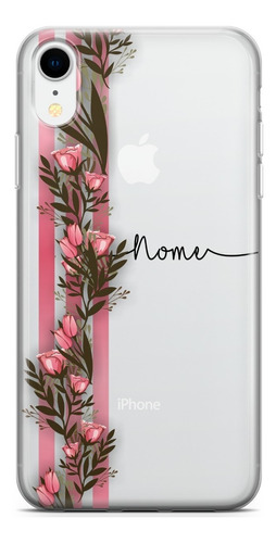 Capa De Celular Listra Rosa Com Flores E Nome