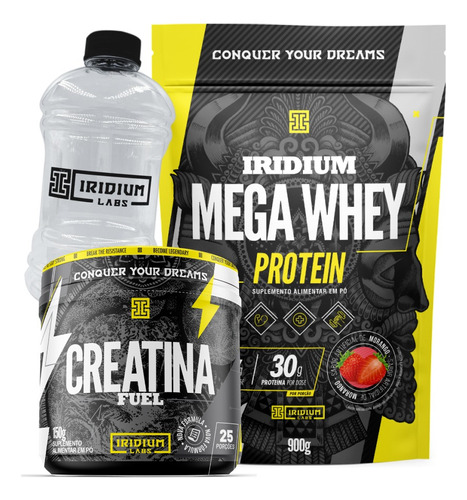 Kit Whey Protein Mega + Creatina Fuel 150g + Galão 950ml Sabor Morango