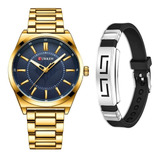 Relógio Masculino Curren Dourado Casual Luxo + Pulseira Cor Do Fundo Azul-escuro