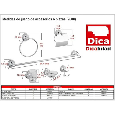 Set De Accesorios Dica Para Baño 6 Piezas 2600 Clásico | Envío gratis