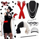 Set De Disfraz De Peluca Blanca Y Negra De Cruella Cosplay