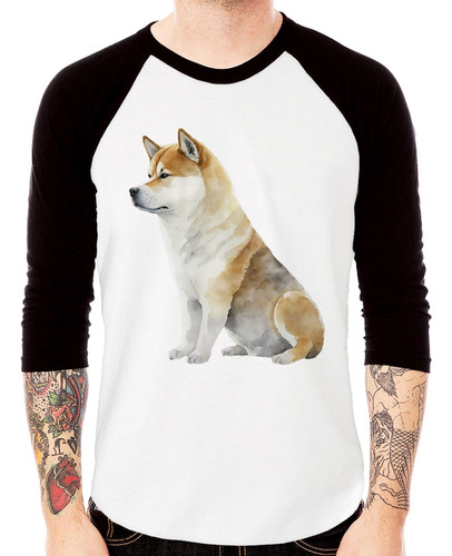 Camiseta Raglan Cachorro Shiba Inu 3/4