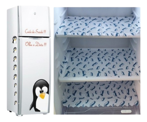 Kit 3 Toalhas Geladeira Pinguim Azul + Adesivo Pinguim Dieta