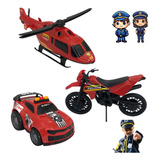 Kit Brinquedo De Policia Carro Moto Helicóptero Infantil