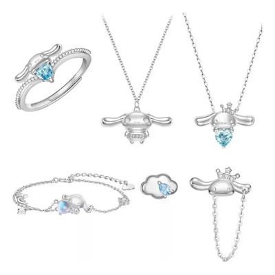 Juego Sanrio Cinnamoroll Plata Collar, Anillo, Aretes Mujer