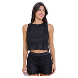 Cropped Feminino Short Renda Guipir Estiloso Confortável Top