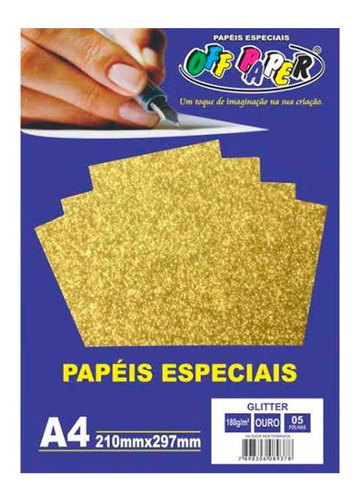 Papel Glitter A4 180g/m² 5 Folhas Ouro Off Paper Cor Dourado