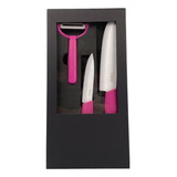 Set X 3 Pzs Cuchillos Ceramica Mango Silicona Con Pela Papa Color Fucsia