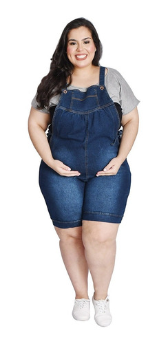 Macacão Jardineira Jeans Plus Size Curto Gestante 1786