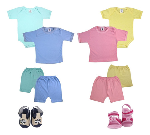 Body E Pijama Bebe Manga Curta Shorts Sandalia Kit 5 Pecas