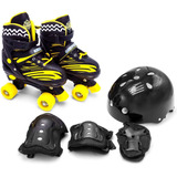 Patins 4 Rodas Quad Infantil Ajustável + Kit Proteção Preto