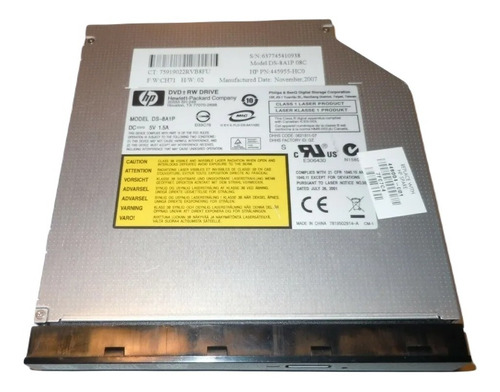 Quemador Dvd +rw Interno Portatil Hp Ds-8a1p 08c Pn: 445955