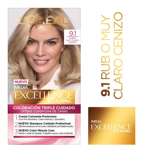 Tintura Permanente Excellence Creme Loreal Paris X 47 Gr Tono 9.1 Rubio Muy Claro Ceniza