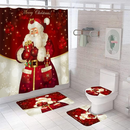 4 Set Juego De Cortinas De Ducha Papá Noel Navidad Para Baño