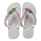 Havaianas Top Branca Decorada Com Flores De Perolas