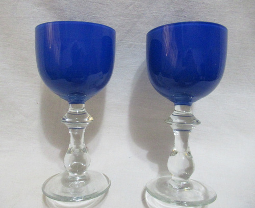 Par Copas Altas Cristal Color Azul Con Fuste Elaborado 16 Cm