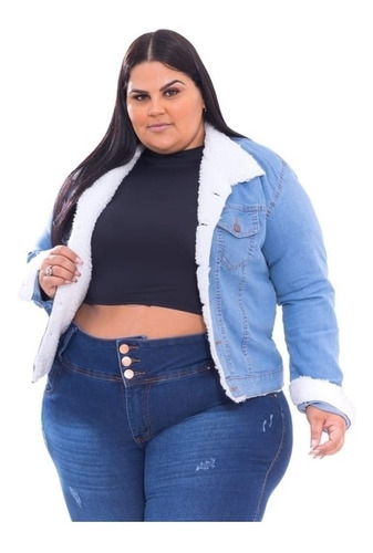 Jaqueta Jeans Feminina Plus Size C/ Forro Pelucia Teddy Moda
