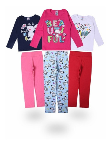 Kit 3 Conjunto Menina Infantil Gola Careca Leggig Em Cotton 